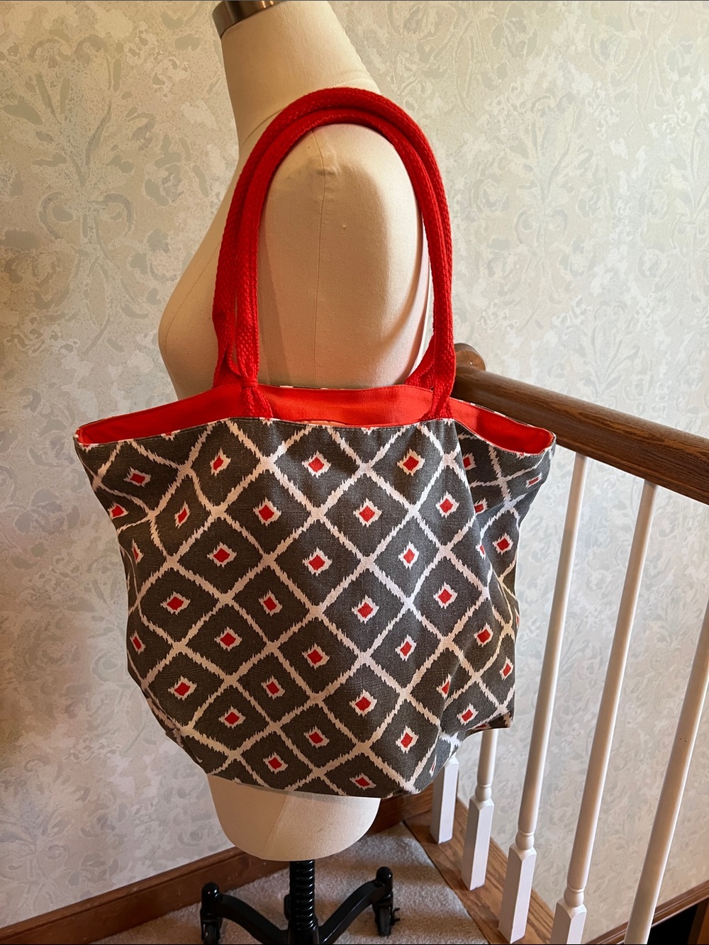 Grey Diamond-Print Tote with Orange Trim and Handles